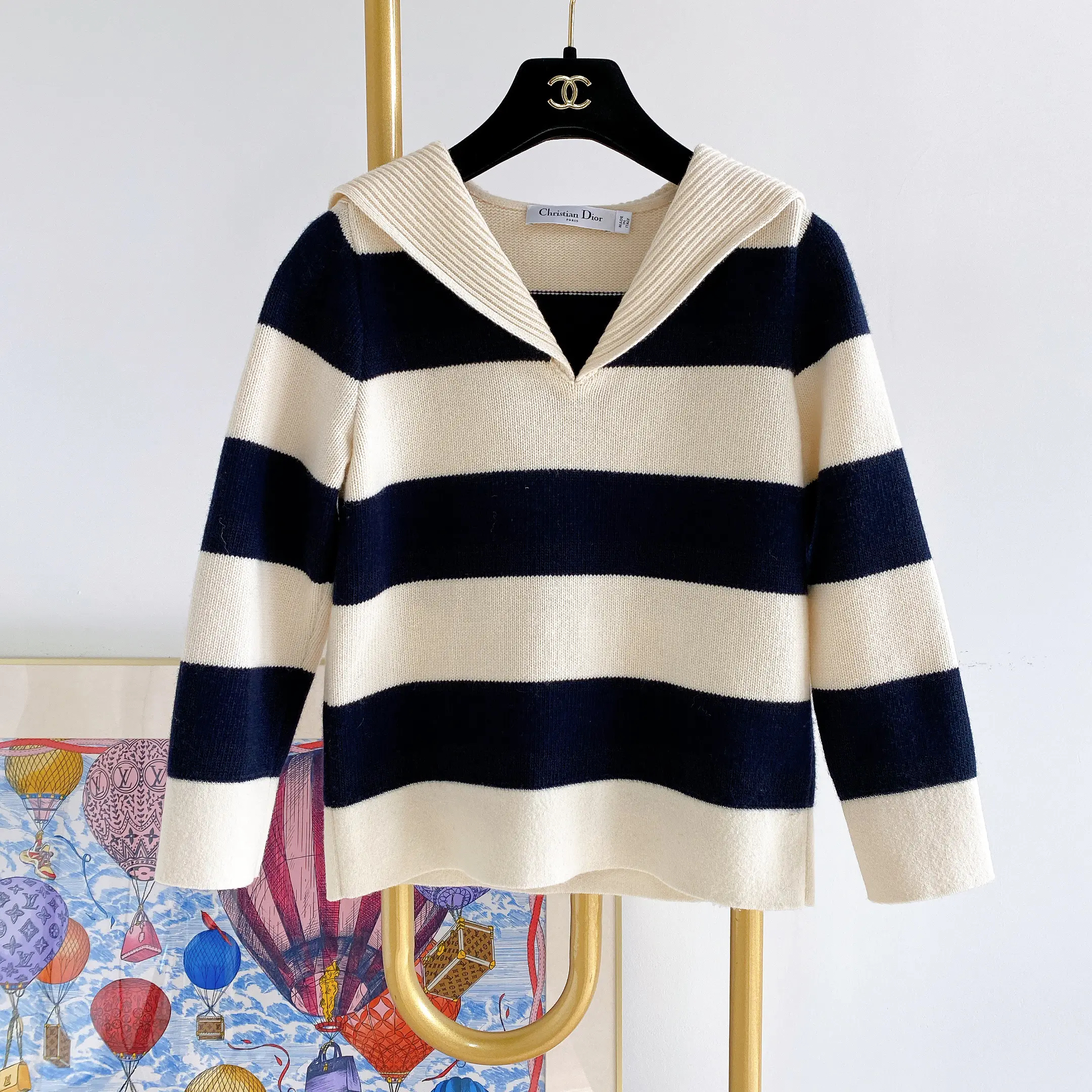 95新 DIOR/迪奥 字母logo条纹针织上衣F34码 