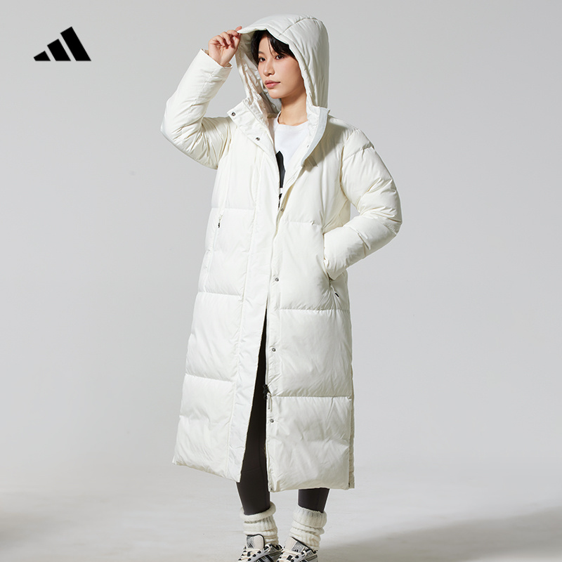 阿迪达斯长款连帽羽绒服女冬季户外拒水保暖外套加厚运动服JV6196