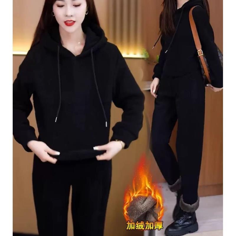 812#连帽抽绳款加绒两件套套装女休闲显瘦洋气时尚保暖秋冬新款