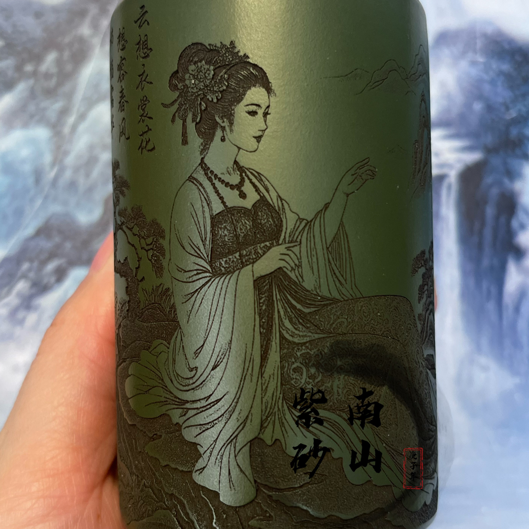 宜兴紫砂高端绿泥直筒美女图茶具正品茶杯纯手工主人杯手绘品茗杯