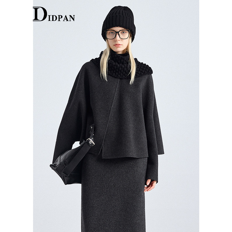 IDPAN真丝羊毛短外套松弛感圆领短款毛呢大衣25冬季新款2F4W51188