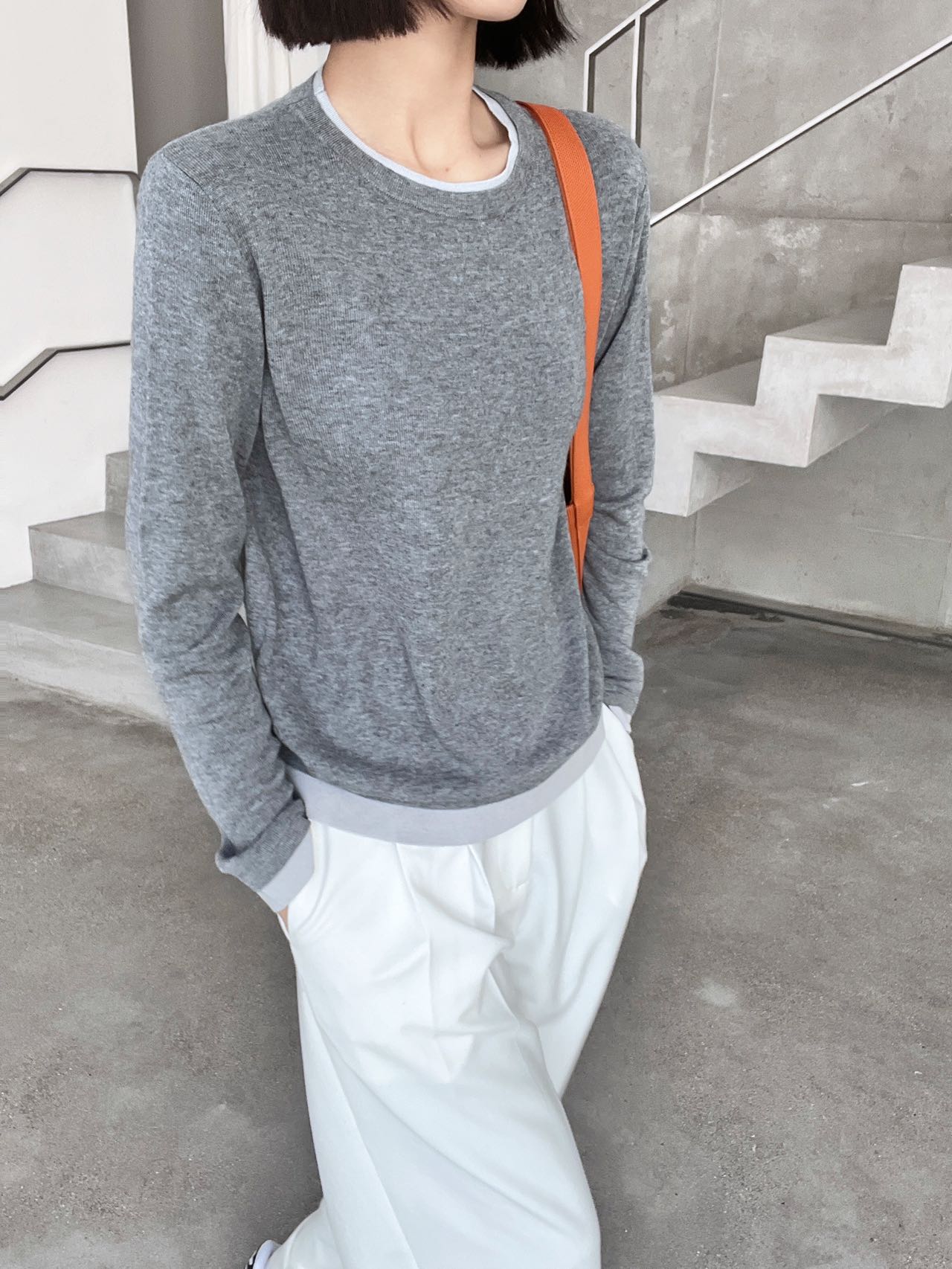 E FENG 糯糯羊毛混纺撞色假两件圆领针织衫 81033