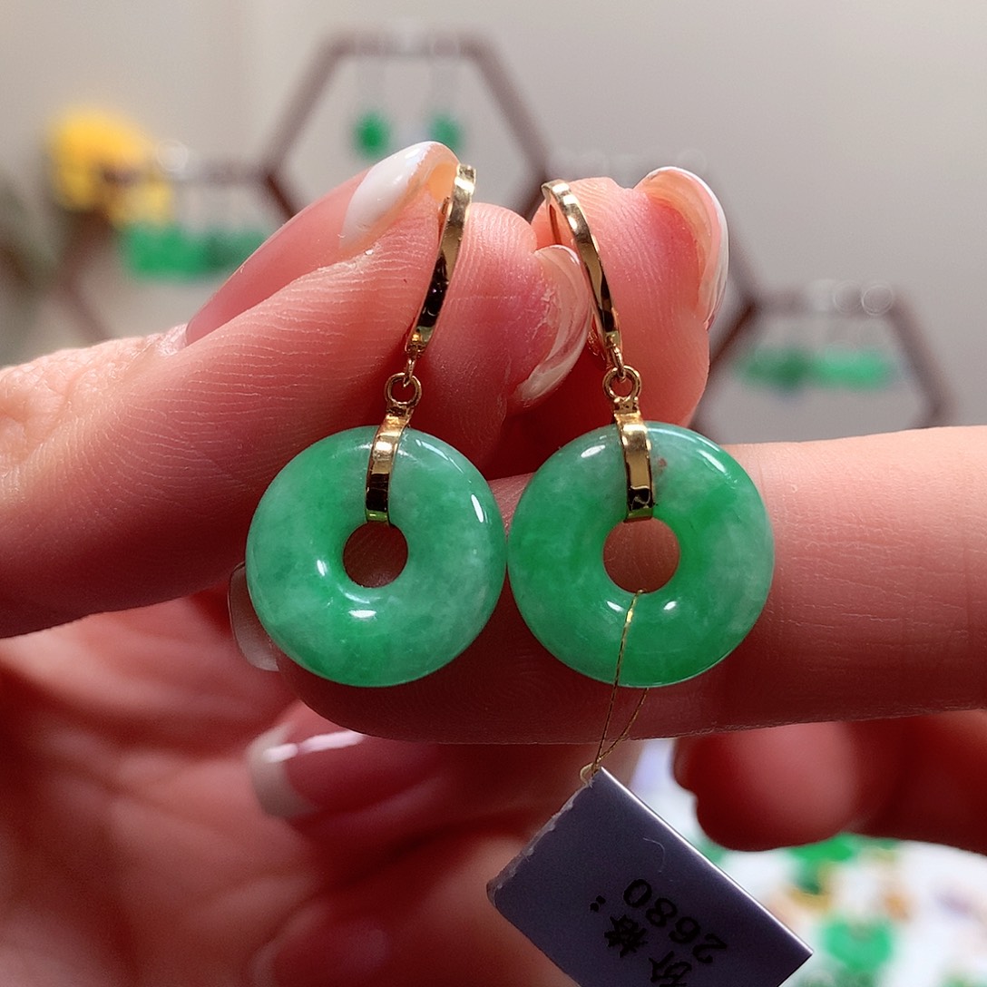 翡翠耳饰18K金镶嵌天然翡翠