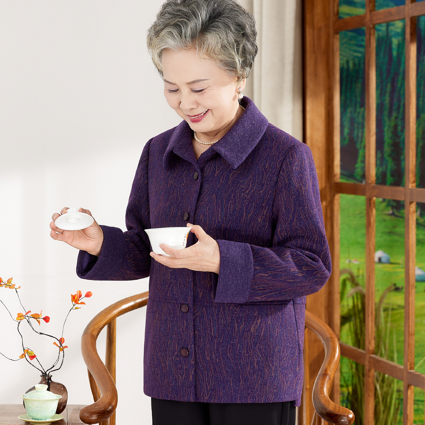 奶奶老人春秋外套女中老年人唐装衣服60岁70妈妈秋装毛呢上衣新款