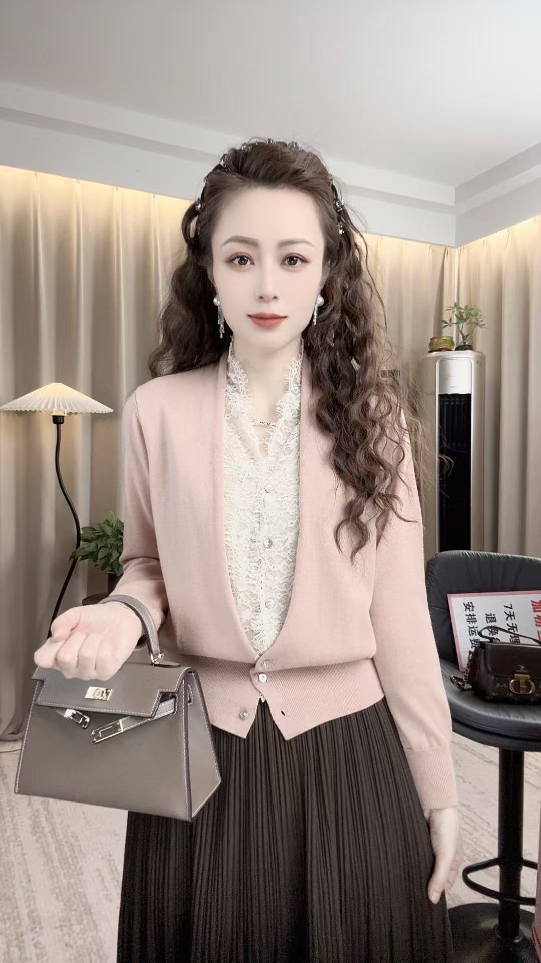 【米澜汐】纽扣时尚法式纯色蕾丝拼接精致针织假两件女装