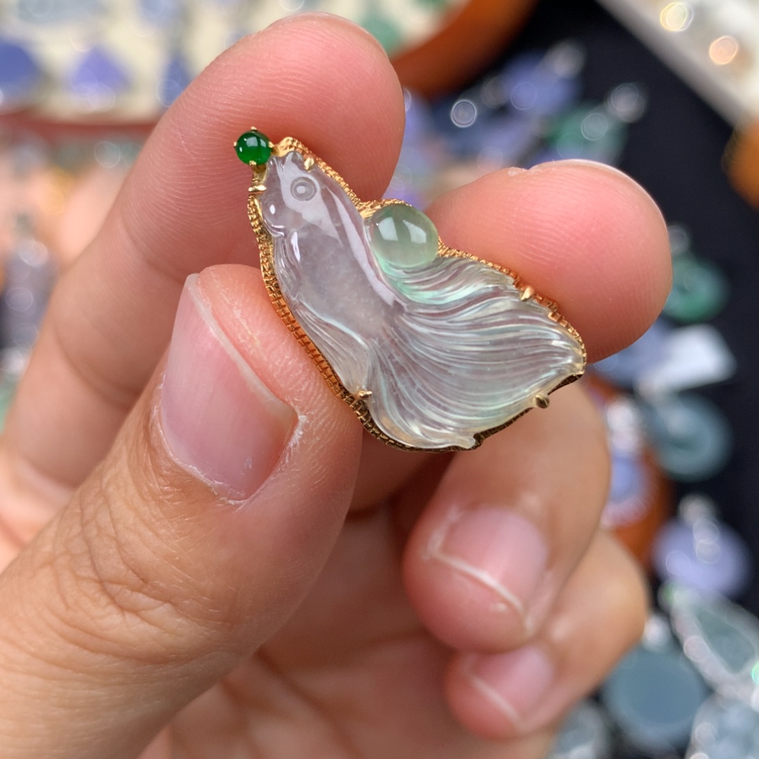 翡翠18K金镶嵌吊坠(不含链)金鱼两用款
