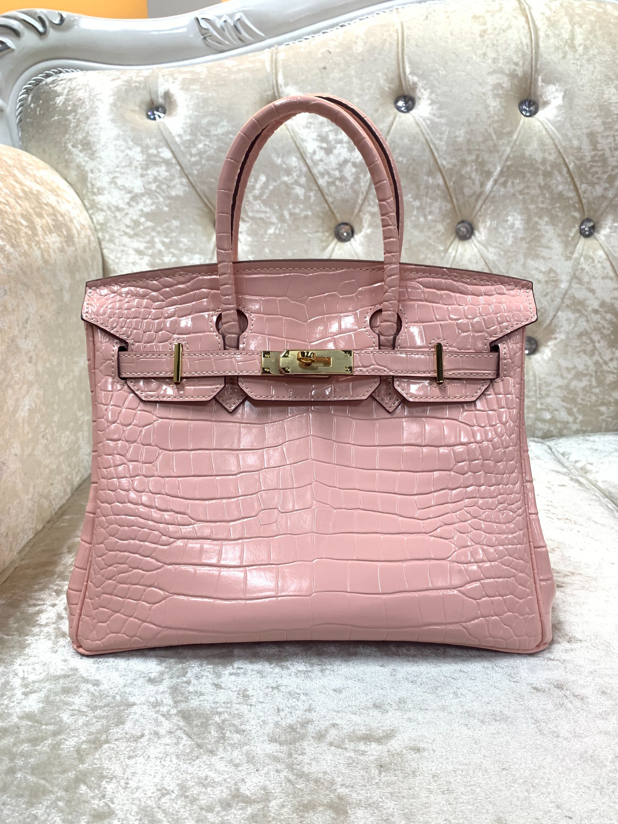 【尺寸：30*14*25】SISI原创设计高定真皮女包BK-30鳄鱼纹奶昔粉