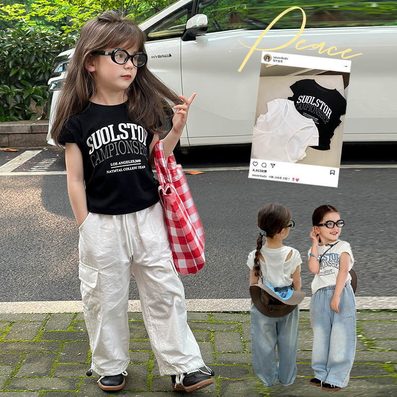 SKD2403女童韩版字母圆领短袖T恤夏装新款收腰抽褶小飞袖上衣潮
