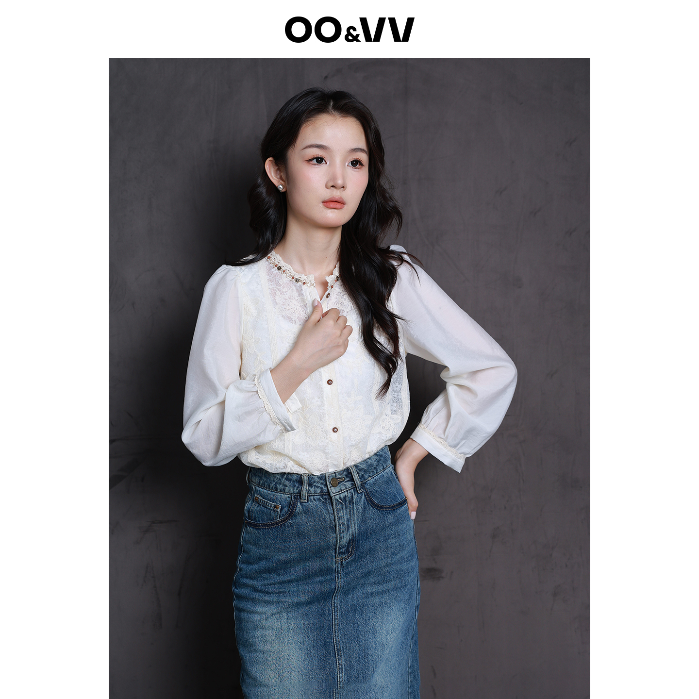 OO&VV常规款长袖花朵2025套头蕾丝衬衫白色法式拼接设计感