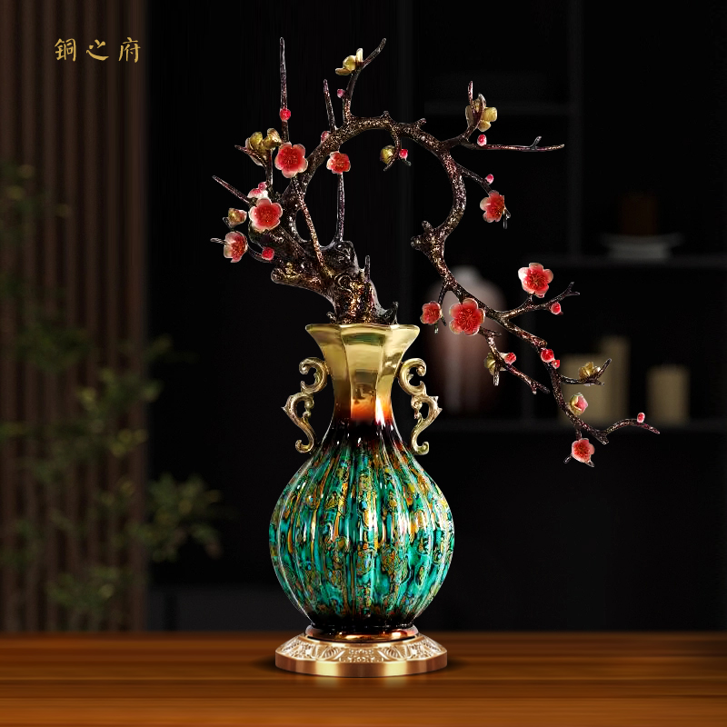 轻奢创意手工梅花兰花瓶黄铜工艺品摆件家居新中式装饰品高档送礼