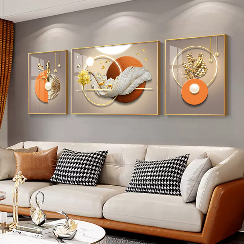 现代轻奢羽毛客厅三联画简约大气沙发背景墙装饰画寓意好墙壁挂画