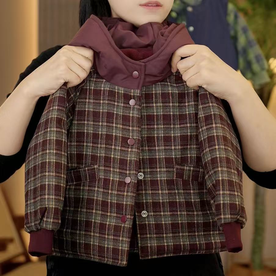 【现货】幂姐童装 儿童外套冬季新款格子连帽棉衣加厚保暖棉服