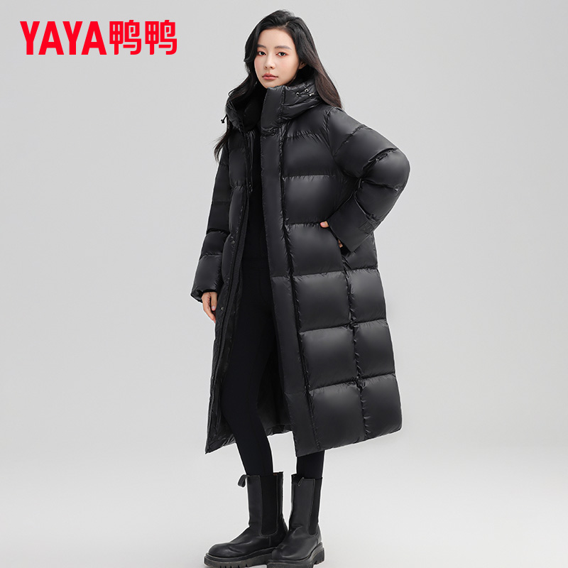 鸭鸭羽绒服女2025冬季新款黑色长款显瘦过膝时尚纯色休闲保暖外套