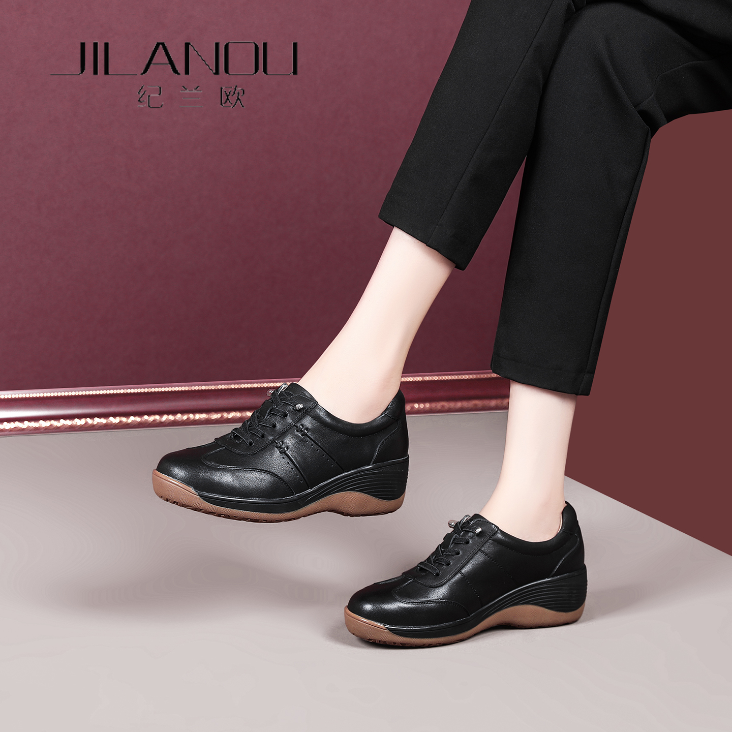 坡跟真皮休闲单鞋女2025秋季新款厚底中老年妈妈皮鞋软底舒适女鞋