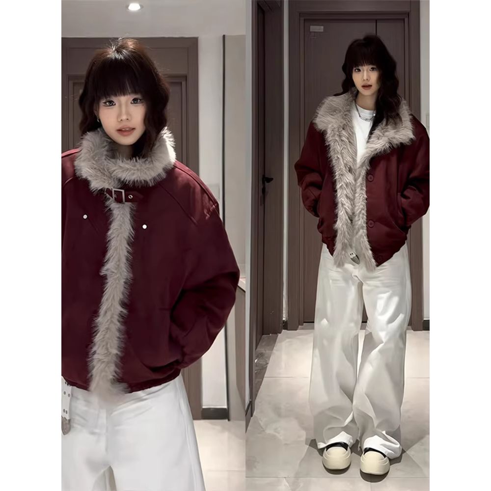 酒红色美式绒座山雕棉服男女日常冬季加厚保暖高级感痞帅夹克外套