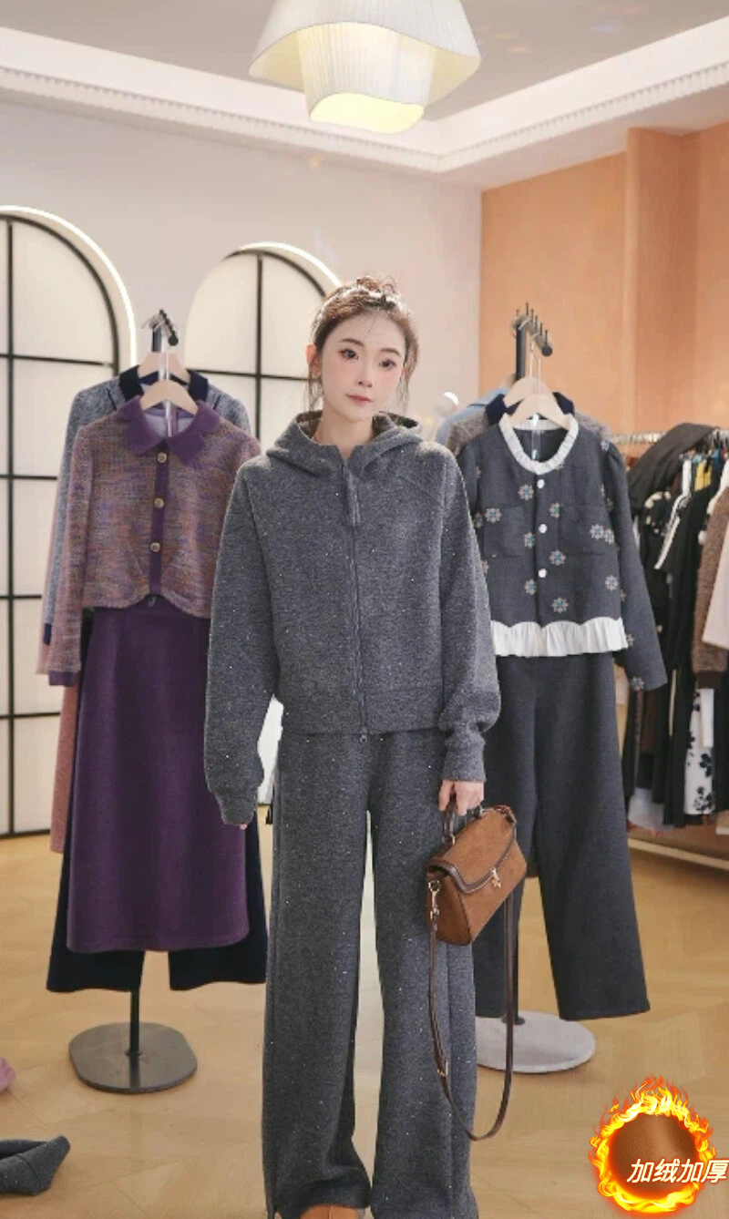 F3072【加绒加厚】欧货休闲运动套装秋新款时尚拉链连帽卫衣两件套