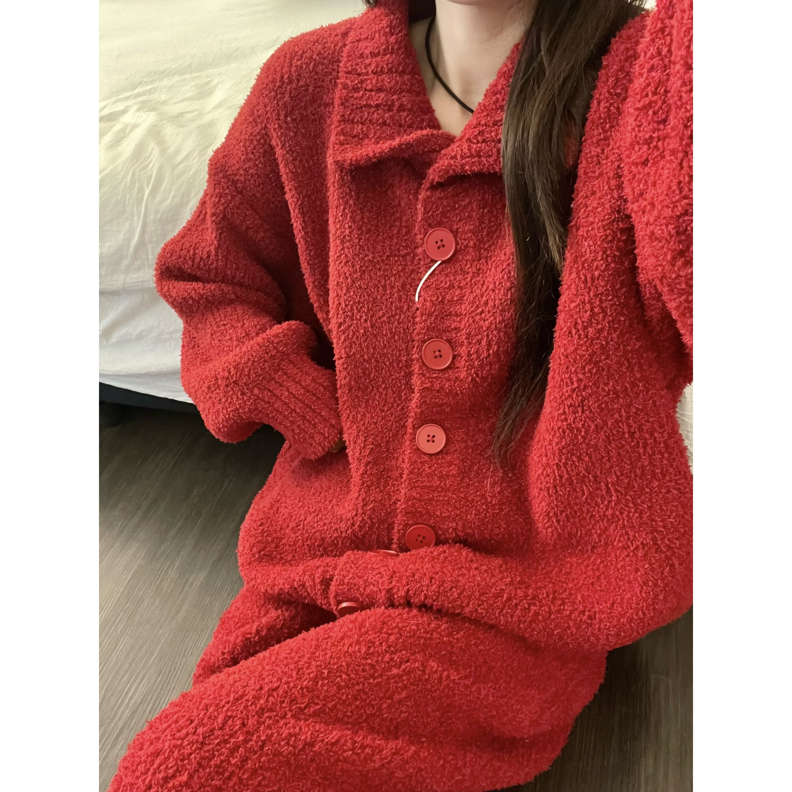 韩系圣诞本命年红色针织半边绒睡衣女秋冬新款休闲舒适家居服套装