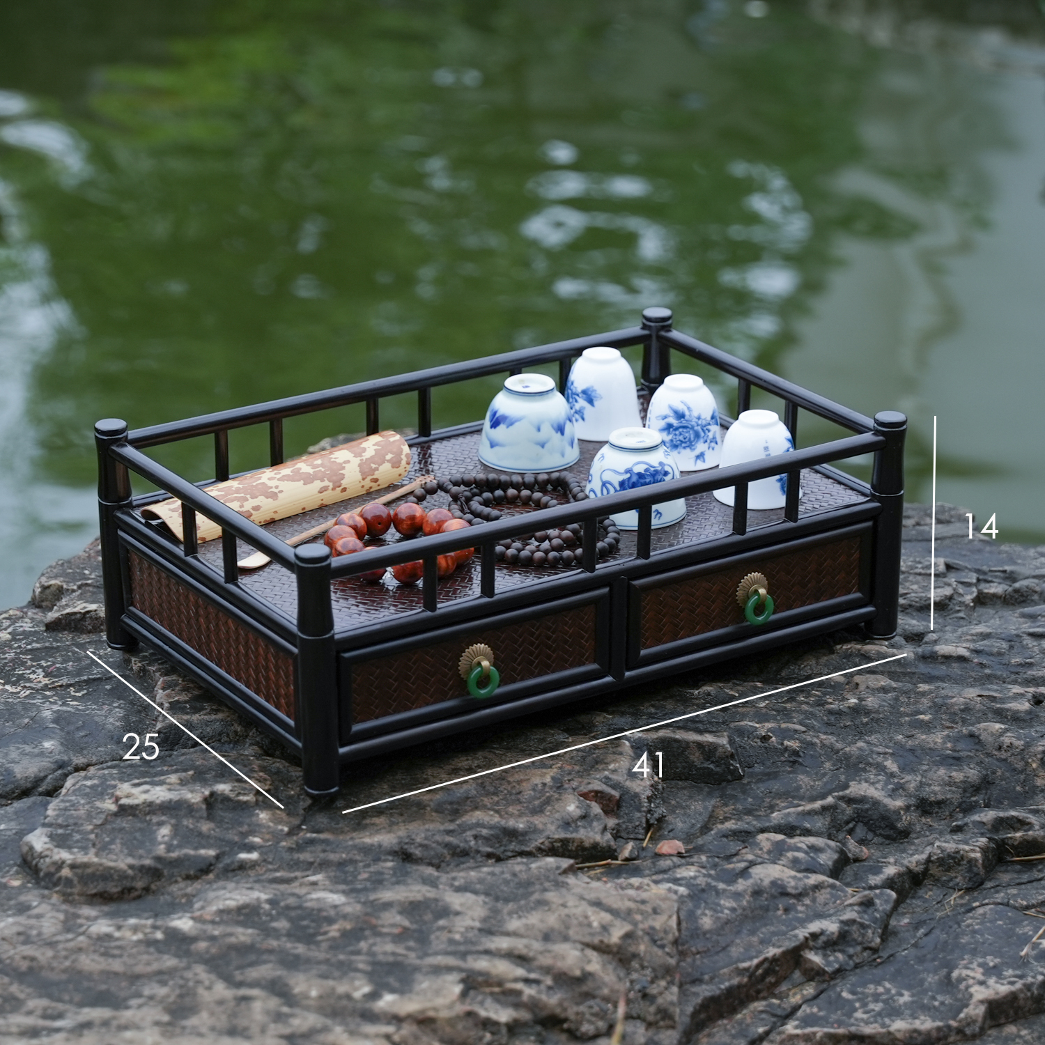 【诚斋】单层黑色竹编茶柜都承盘收纳盘收纳柜喝茶配件家用