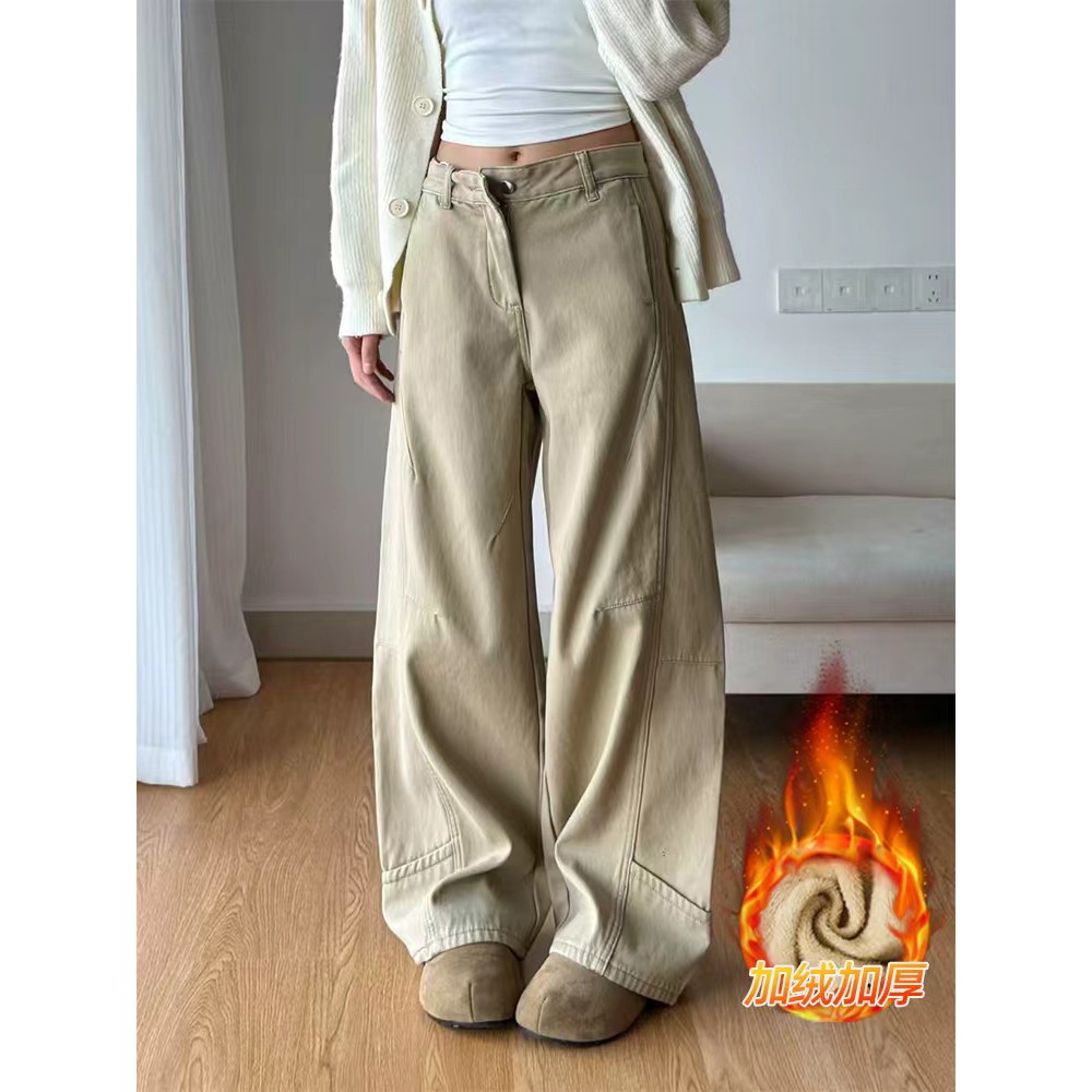 秋冬厚绒美式卡其高腰阔腿牛仔裤女设计感拼接宽松显瘦直筒工装裤