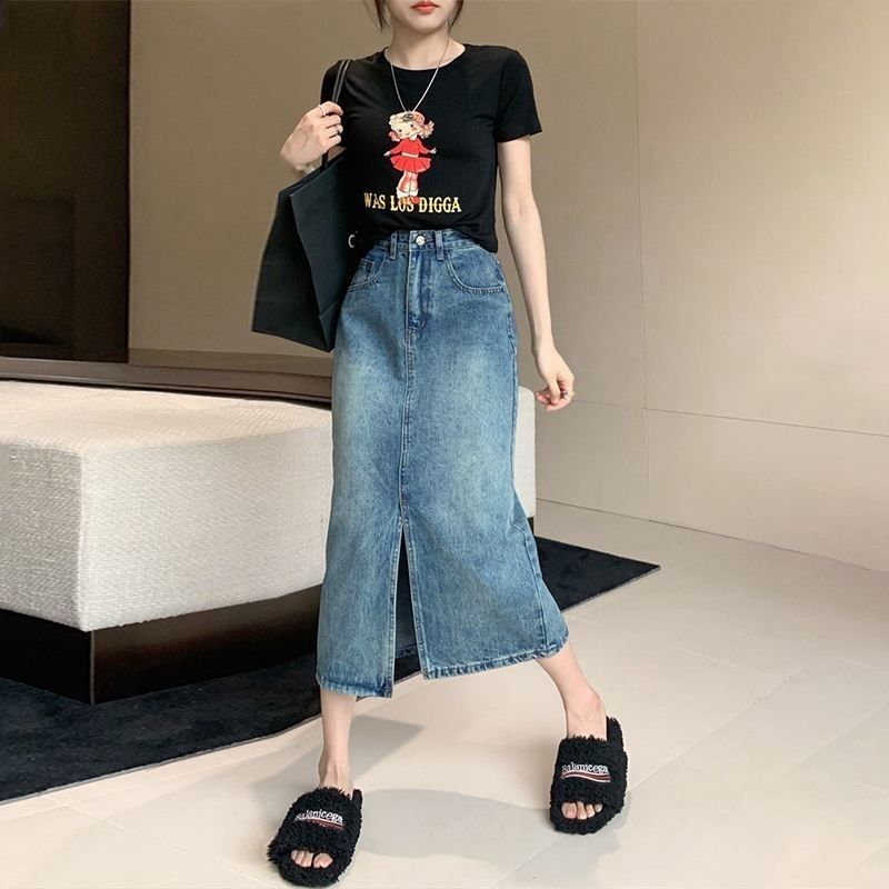 开叉牛仔裙女半身裙高街春秋新款高腰显瘦包臀a字裙中长款夏薄潮
