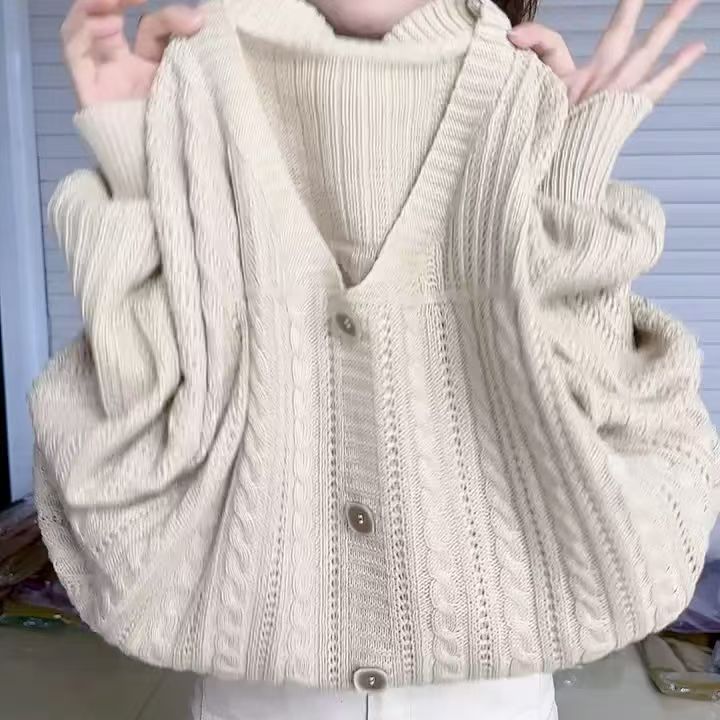 春秋冬新款V领纯色麻花针织长袖女上衣宽松显瘦百搭毛衣内搭外穿