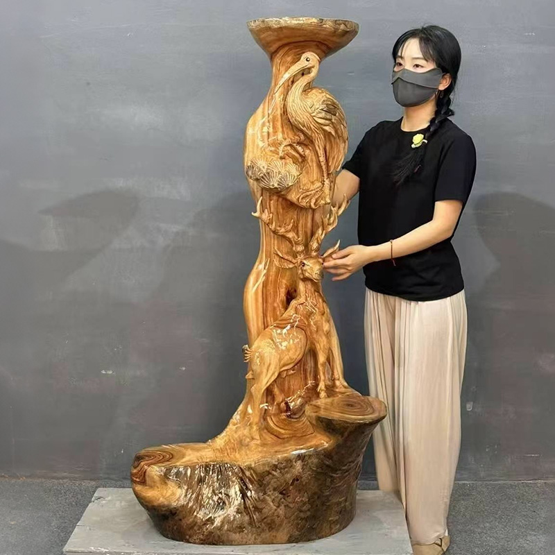 香樟木根雕摆件实木树桩客厅花架底座树根原木鹿鹤摆件架根艺