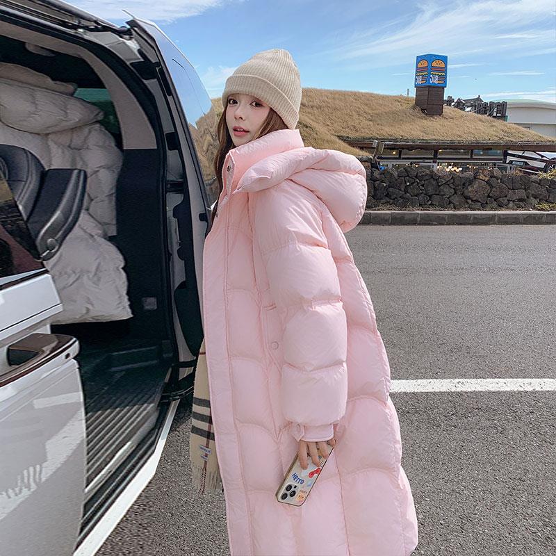 粉色奶呼呼连帽羽绒服女中长款2024冬小个子超好看白鸭绒加厚外套