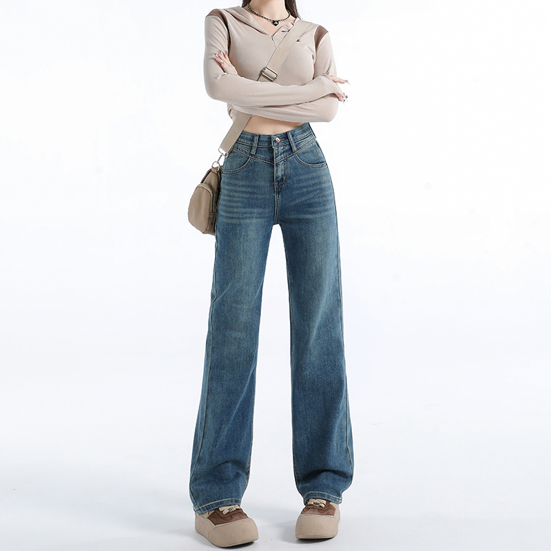 窄版直筒牛仔裤女宽松高腰设计感垂感百搭显瘦阔腿休闲加长拖地裤