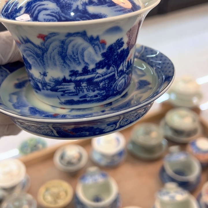 瓷片白青花富春山居图马蹄盖碗全品