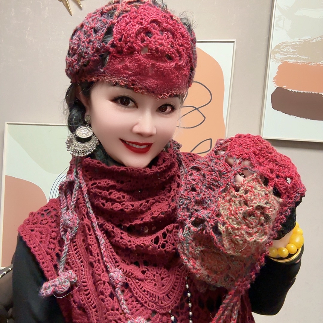 秋冬季新款彩虹断染羊毛线手工钩美人尖花朵流苏帽