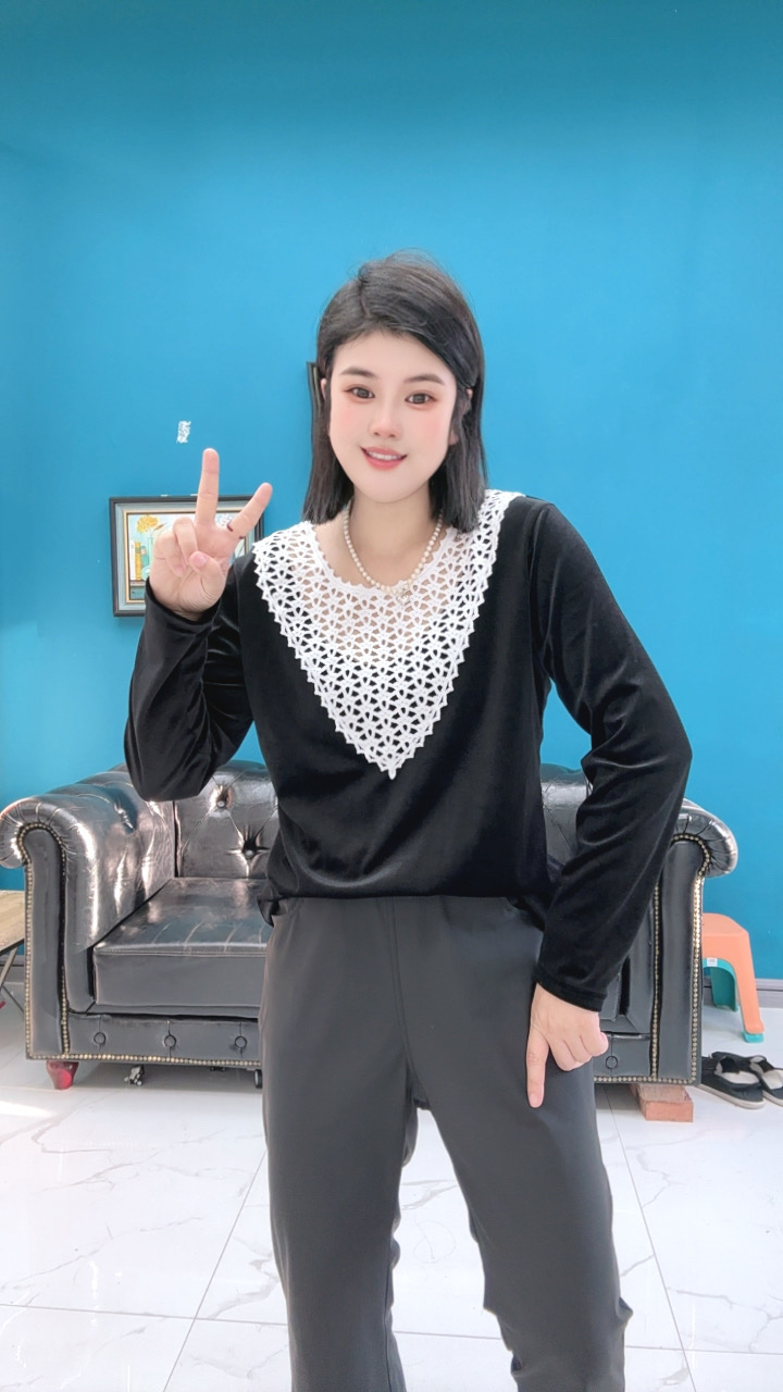 大码丝绒拼蕾丝t恤女2025秋季新款时尚洋气宽松显瘦弹力上衣1626