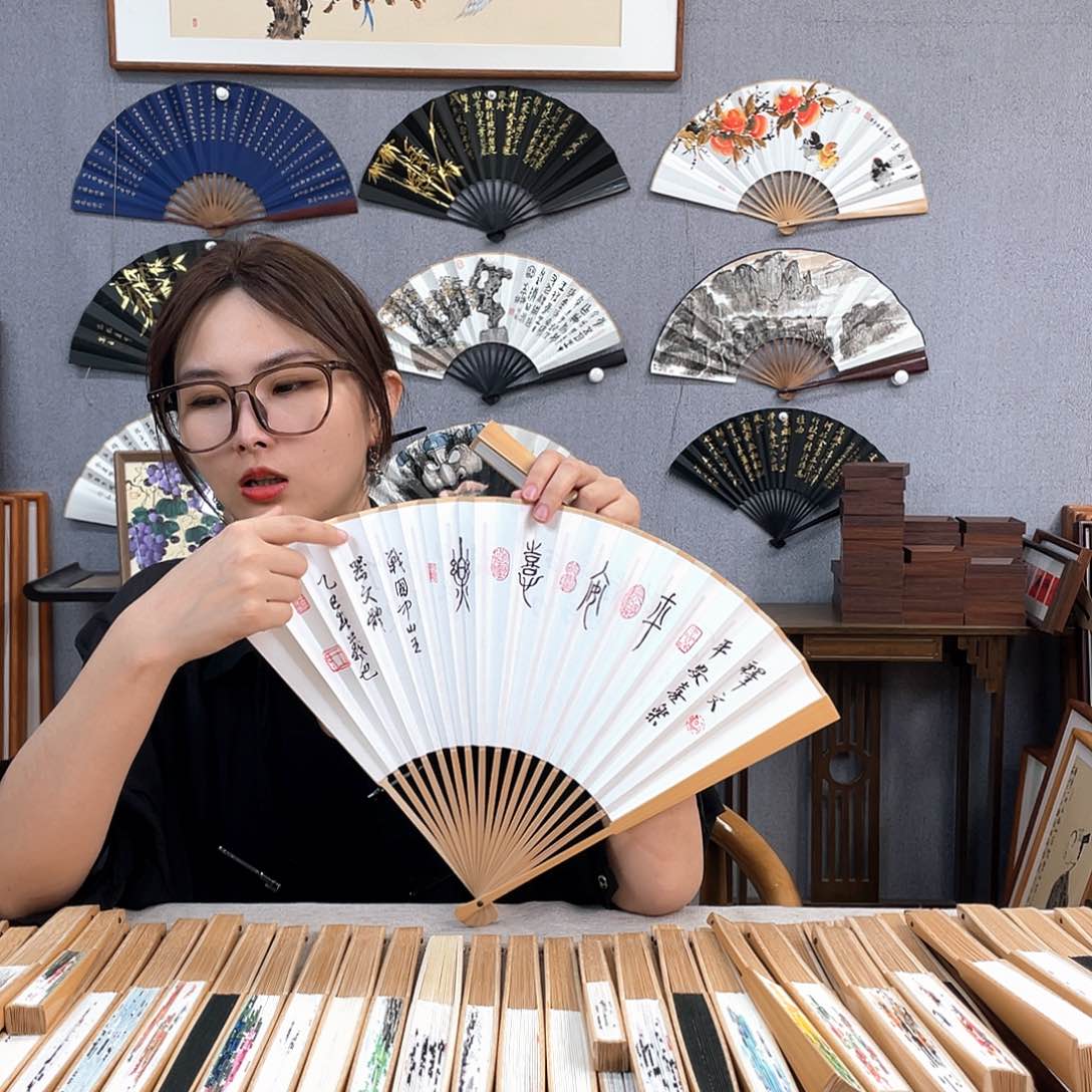 国画95寸玉竹-纯手绘-文玩扇骨（默认粘好）平安喜乐