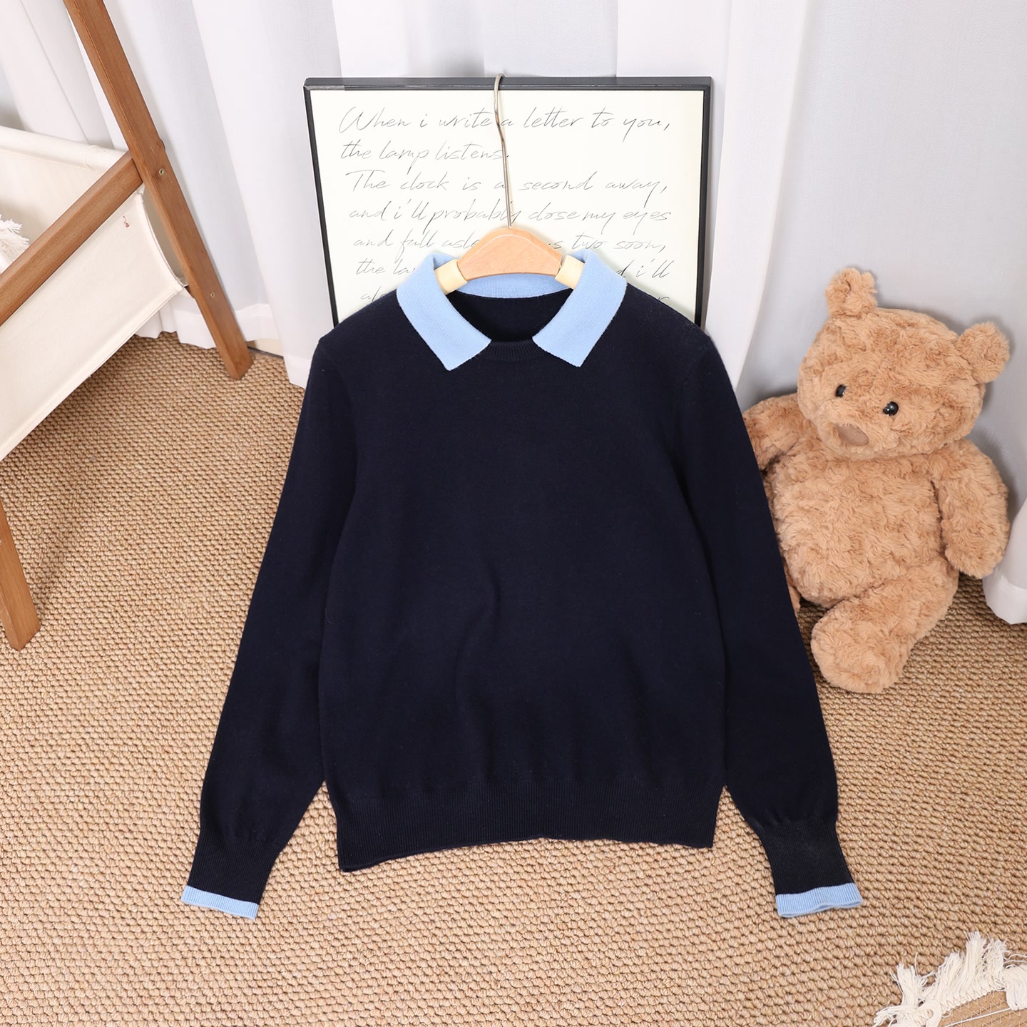 【温柔简讯】紧密纺可机洗100%羊毛简约撞色假两件针织衫#87630