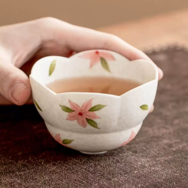 岩矿白樱花花口杯女士专用主人杯家用陶瓷喝茶茶杯茶盏品茗杯单个