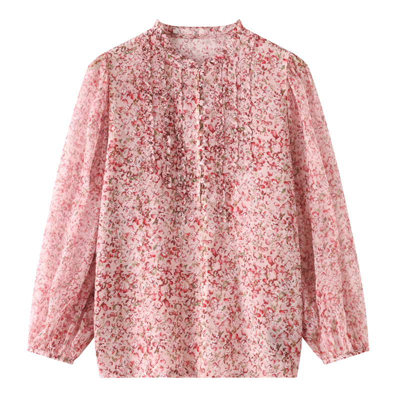 羊范薄款粉色100%纯桑蚕丝上衣女士花边领长袖轻奢碎花百搭打底衫