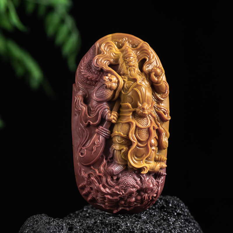 精品天然阿拉善玛瑙彩玉俏色巧雕精工雕刻精品御龙关公