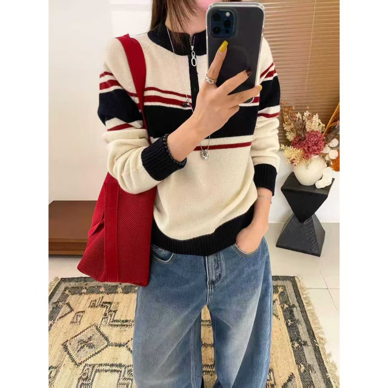 秋冬设计感半拉链100%绵羊毛撞色条纹针织衫休闲百搭