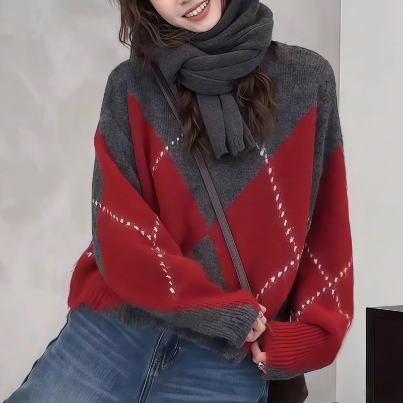 新年氛围感红色V领针织毛衣 2025年冬季女装新款加厚上衣 2537