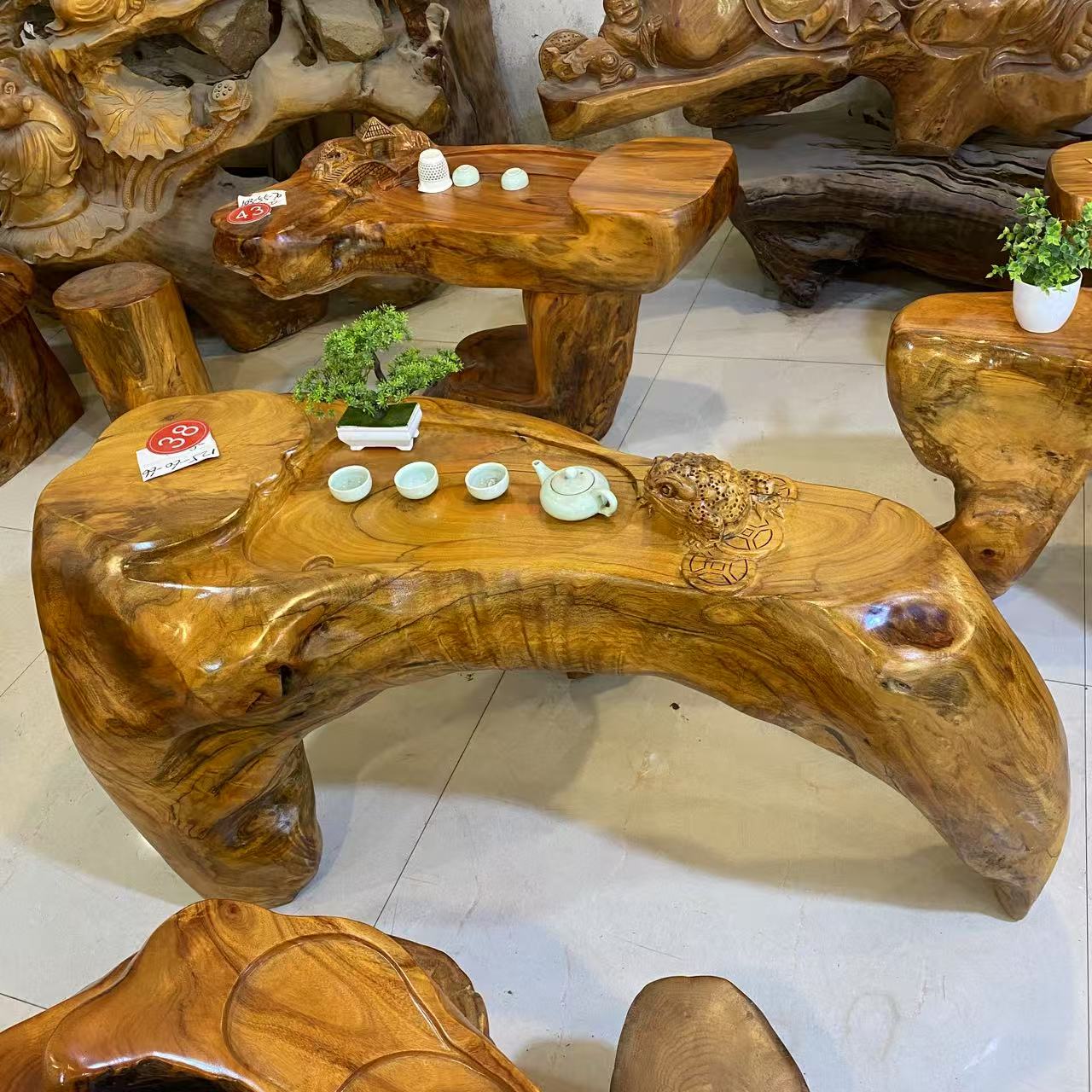 125-60-66不上楼茶桌根雕茶桌原木家用实木树根茶桌茶几