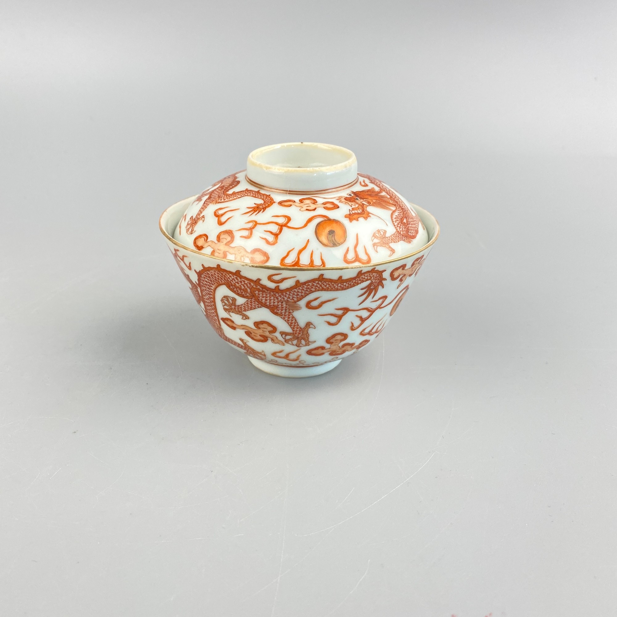 清光绪矾红描金二龙戏珠盖碗【古董拍卖】Y225XZC0122008