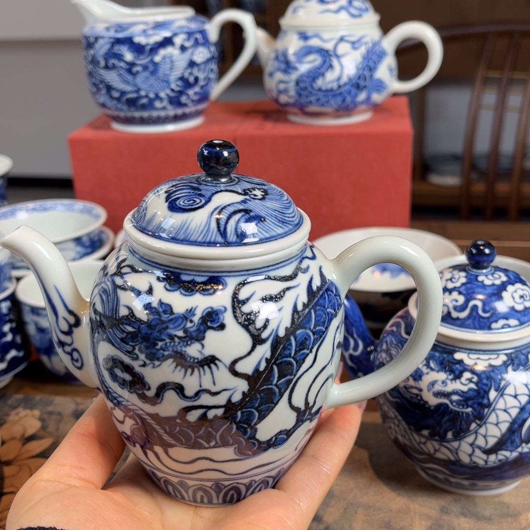 记*青花龙纹茶壶全手绘原矿釉烧制