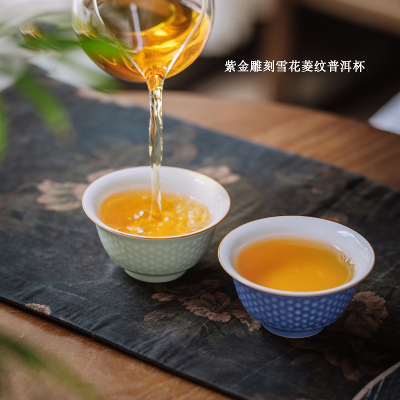 景德镇高温单色釉雕刻杯菱纹紫金釉主人杯单杯陶瓷茶具