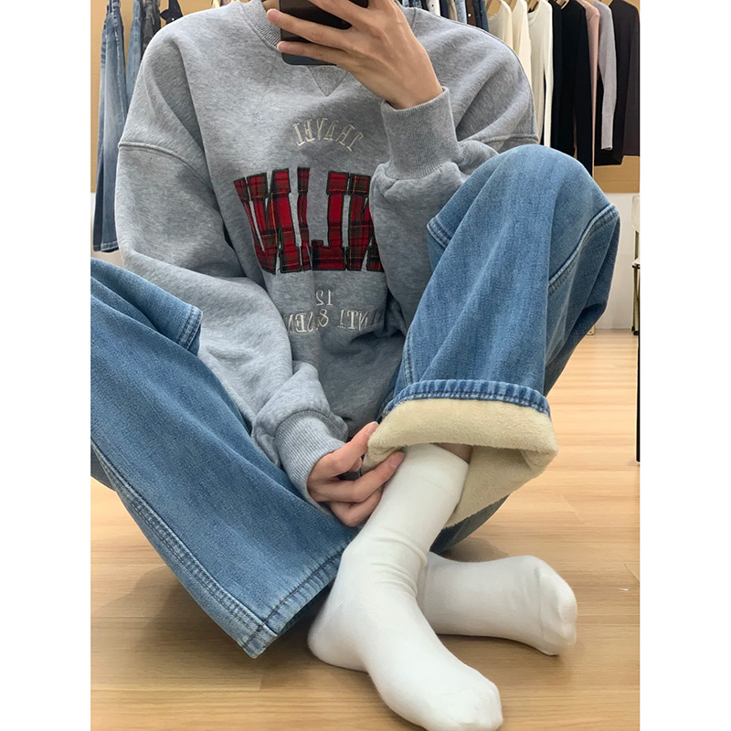 加绒加厚浅蓝色窄版阔腿牛仔裤女2025秋冬爆款高腰显瘦百搭直筒裤