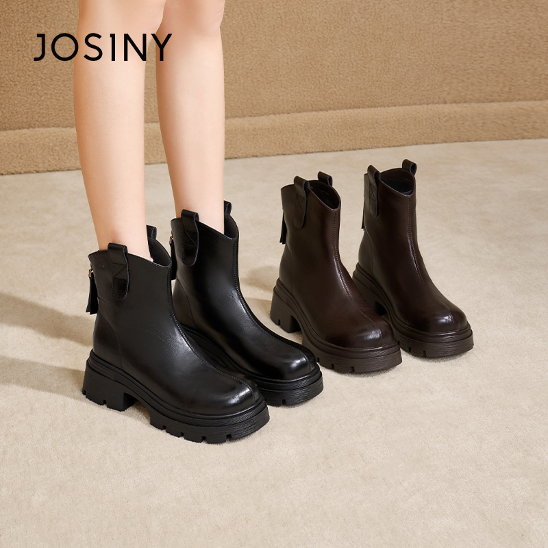 卓诗尼秋冬季厚底2025新款保暖中筒英伦风粗跟短筒靴562A60794