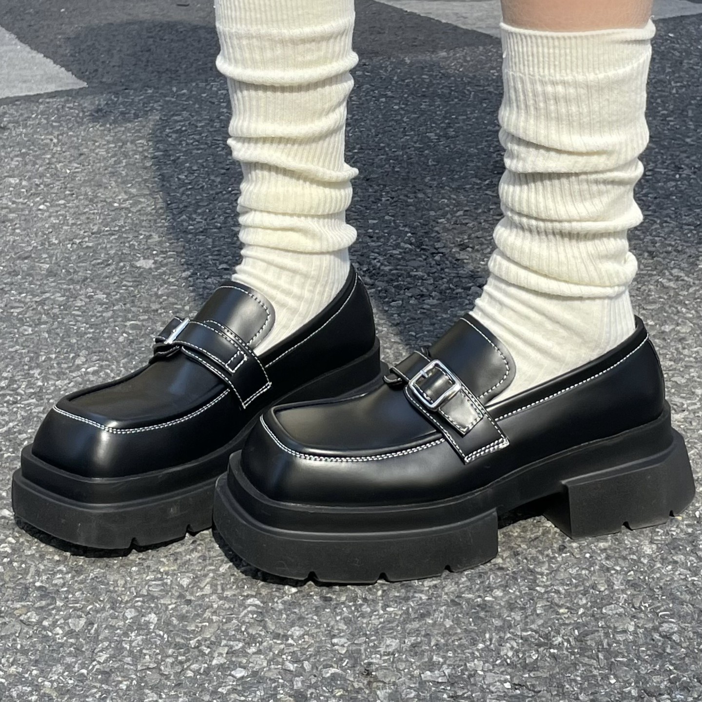 880-26 日系大头一字扣带勃肯鞋女2025厚底黑色小皮鞋乐福鞋潮