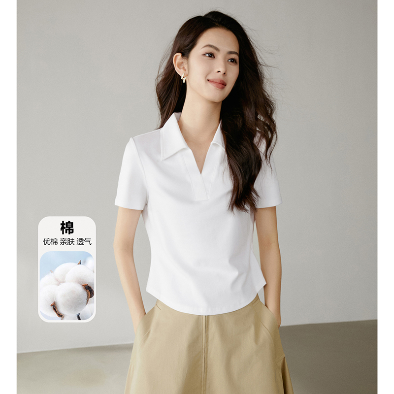 【断码清仓】2025上衣翻领棉质短袖T恤衫女24121802