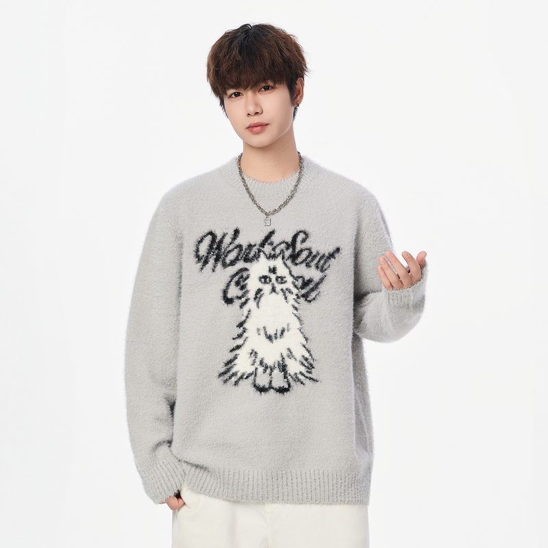 秋冬季水貂绒毛衣男青少年学生韩版潮流圆领针织衫保暖打底上衣服