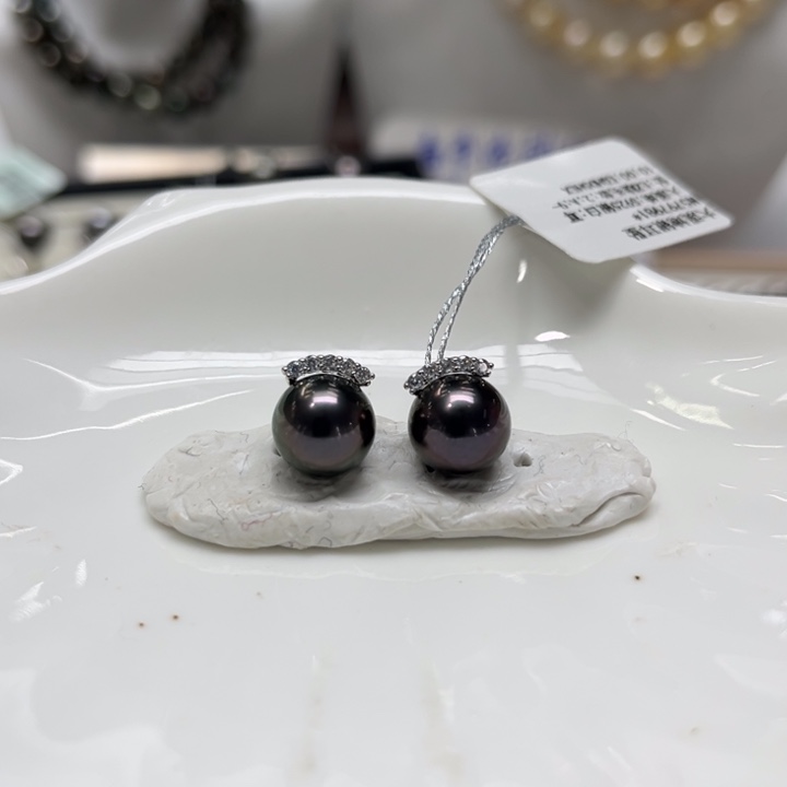 海水珍珠漏大溪地睫毛耳钉9-10mm银S925镶嵌