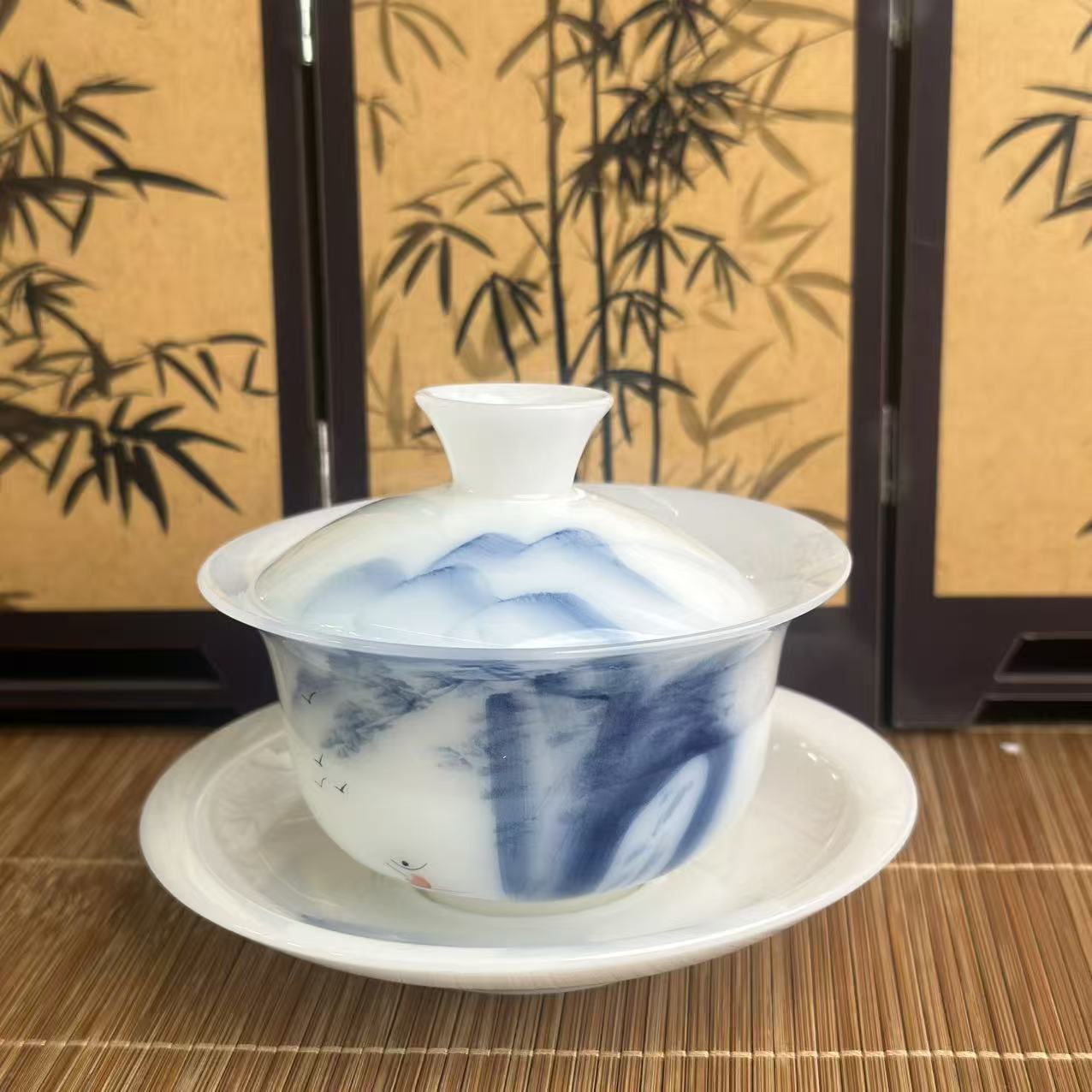 璞玉手绘山水三才盖碗@ZH2503