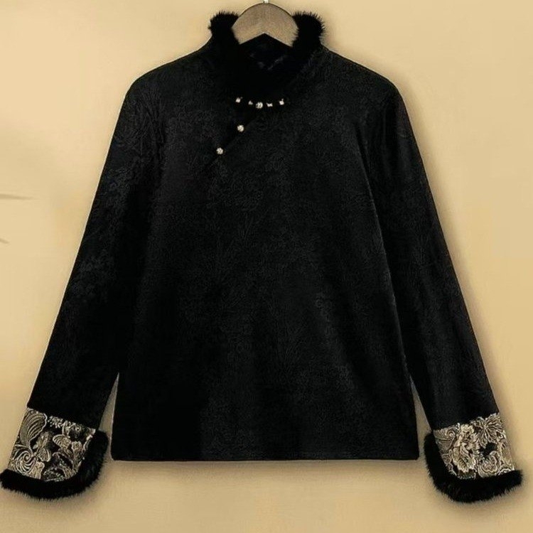 2024新打底衫新中式国风拼接兔毛秋冬新款百搭保暖加绒打底衫
